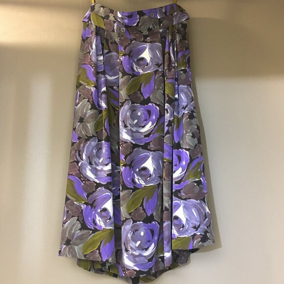 Vintage 80s Union Made Purple Rose Button Waist Pleated Midi Skirt - Picture 1 of 14